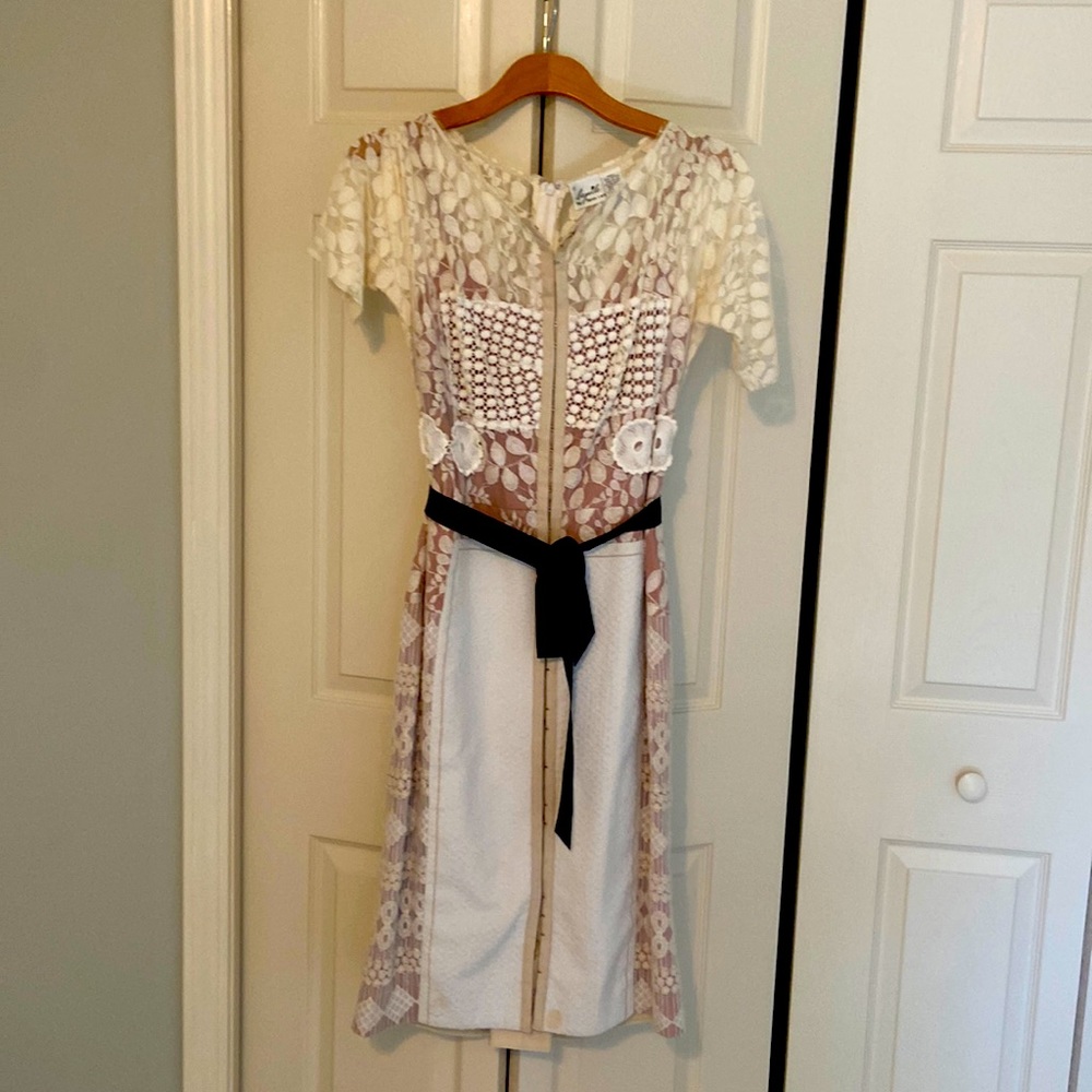 Beautiful neutral anthro dress with black ribbon belt